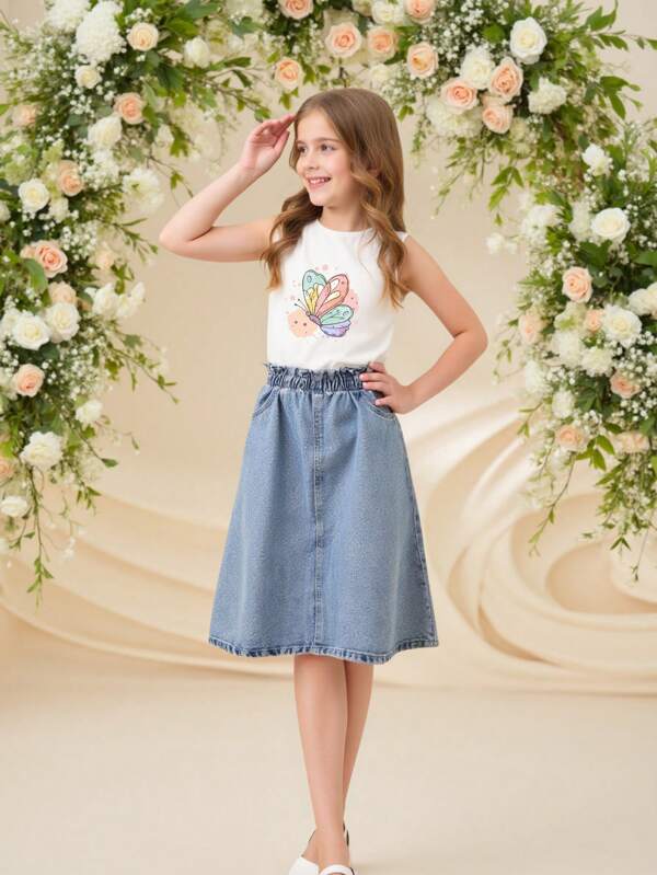 1pc Girls Fashionable Versatile Snowflake Minimalist Denim Mini Skirt, Summer
