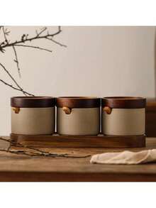 1pc/2pcs/3pcs Ceramic Seasoning Jars With Lids And Spoons, Kitchen Salt And Sugar Storage Canisters With Tray, Spice Bottles - Clay - View 5