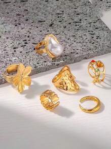 6 Stücke vintage elegant modische antike Geld-Stil französisch Barock Künstliche Perle Blumen Metall Lava Hohlkanal Eingelegt bunte Edelstein Ring Set, vielseitige hochwertige Stapel Party Hochzeit Dates Geschenk für Frauen Strand Urlaub Sommer