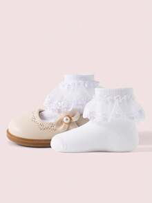 5 Or 1 Pair Girls Lace Trim Ankle Socks, Breathable Mesh Embroidered Short Socks, Fresh Floral Princess Style, Fashion , Soft & Comfortable, Versatile For Home, Outings, Dance Performances, Holidays, Back To School, Daily Wear - White - View 2