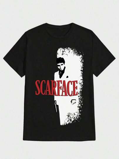 Camiseta de Hombre Scar Face-Movie-Logo-Negro Impresión Digital Casual Camiseta de Algodón Pesado Puro