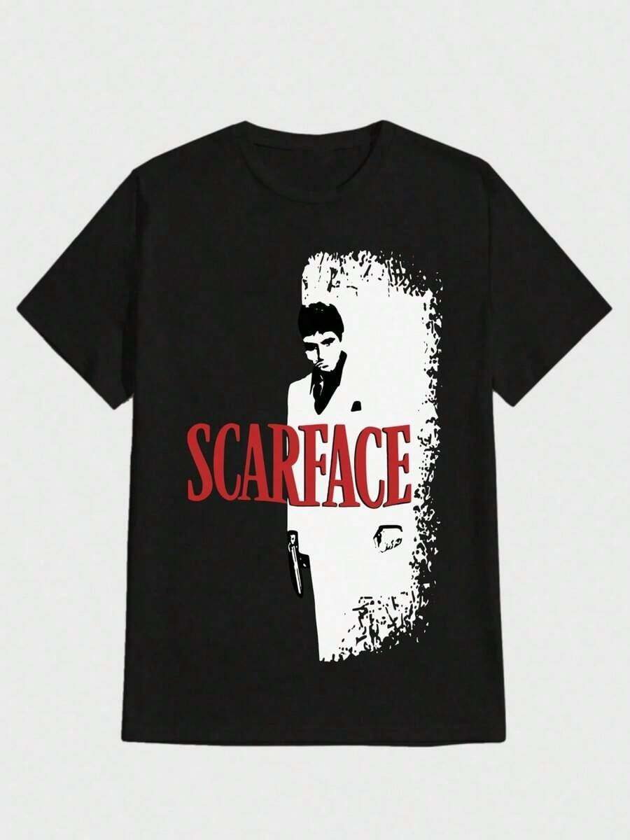 Camiseta de Hombre Scar Face-Movie-Logo-Negro Impresión Digital Casual Camiseta de Algodón Pesado Puro - Negro - Ver 1