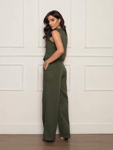 Women's Tailored Set Simple Elegant Button Pocket Zipper Office - xanh quân đội - Xem 2