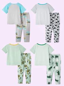 BrownBark 4 Sets, 8 pièces - Ensemble de pyjama décontracté d'été pour jeune garçon avec imprimés de dinosaures, de requins, de pelleteuses. Top à manches courtes et pantalon. Tenue d'intérieur d'été confortable pour garçons