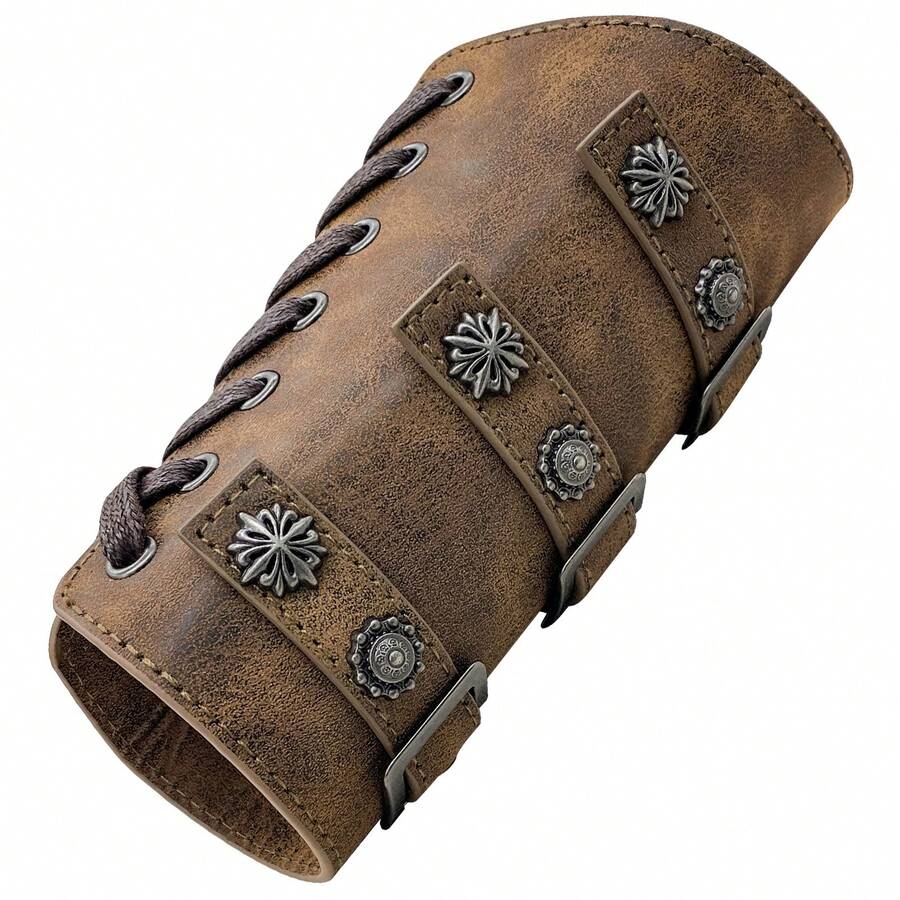 1pc Leather Arm Bracer Wristband, Renaissance Style Buckle Closure, Unisex Medieval Brown Wrist Cuff, Ideal Choice - A - View 1