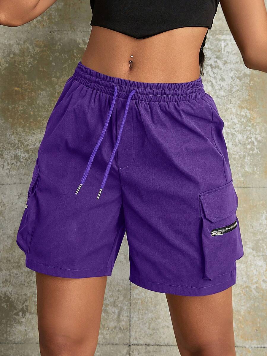 Quần short nữ dáng rộng, màu trơn, cạp chun, khóa kéo, ống suông, thích hợp mặc hàng ngày mùa hè. - Màu tím - Xem 1