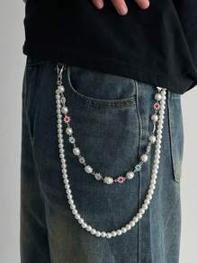 1pc Men's Vintage Luxurious Multi-Layer Rhinestone & Faux Pearl Waist Chain, For Pants Decoration Summer, School