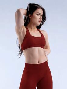 Women Halter Sports Bra Seamless U-Neck Removable Padded Open Back Yoga Gym Workout Crop Tank Top - Burgundy - View 6