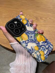 1 件复古蓝色花卉和柠檬印花条纹仿皮防震软手机壳适用于 Apple 和 15/15PLUS/15PRO/15PROMAX 防水防摔防刮