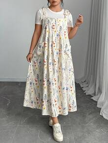 Plus Size Floral Print Women Double Pocket Strap Midi Dress - Apricot - View 3