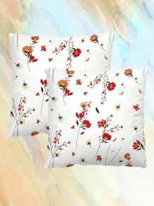 2pcs Ditsy Floral Pattern Decorative Throw Pillow Cases, Letter Print Square Pillowcase Without Filler, Cute Cushion Covers For Sofa, Living Room
