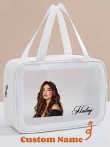 1pc Personalized Customized Name, Picture, Logo Unisex Toiletry Bag, Travel Accessories, Cosmetic Organizer Bag, Beach Bag, Birthday Gift, Bridesmaid Gift, Proposal, Her Birthday Gift, Wedding Gift, Convenient Shoulder Bag For Girlfriend, Family, Friend, Kids, Anniversary, Pink Girl, Christmas, Holiday, School, Outdoor/Picnic/Travel/Hiking/Sports/Climbing