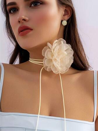 1pr夏季优雅度假风米色皮绳配多色布大花项链腰链适合女士海边度假、夜店派对穿晚礼服