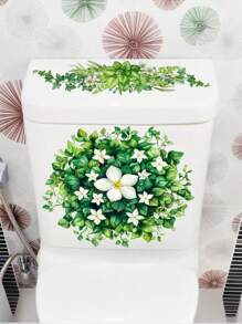 Plant Leaves Flowers Toilet Seat Lid Stickers Self-Adhesive Bathroom Wall Stickers Green Leaf Floral Toilet Lid Decals DIY Removable Waterproof Toilet Sticker For Bathroom Cistern Decor Green Room Decor Wall Decor Personalised Stickers
