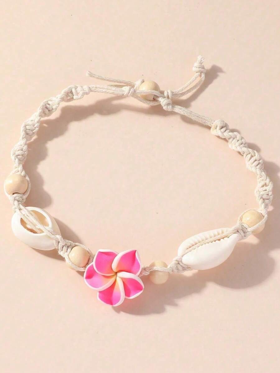 1 New Bohemian Anklet Beach Anklet Handwoven Polymer Clay Flower Sea Shell Anklet Anklet Accessory