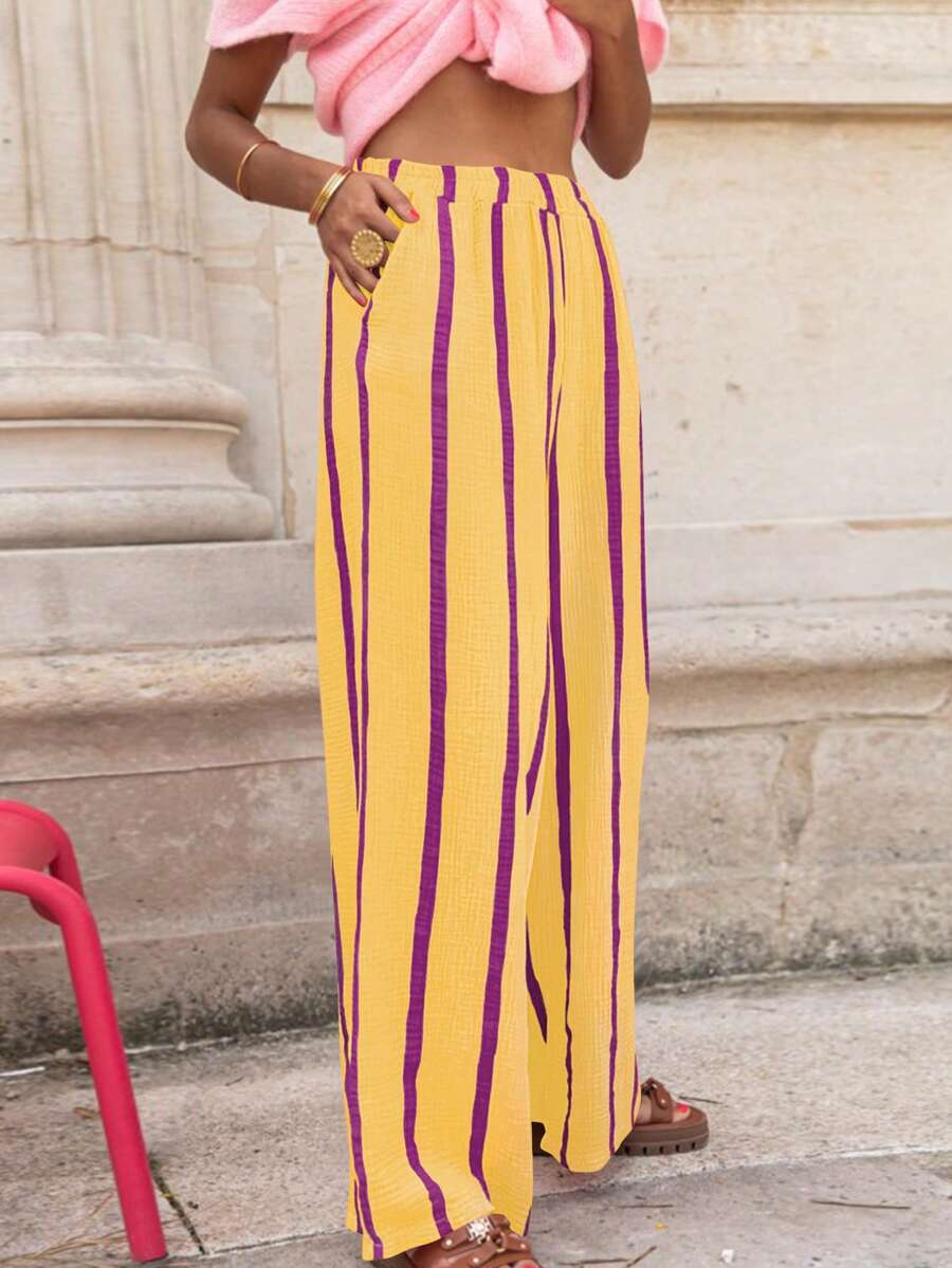 Striped Polyester Pocket Pants With Faux Drawstring, Suitable For Daily Wear, Festivals, Dates, Birthday Party, Back To School Party, Travel, Country Music Festival, Workout, Spring/Summer - Yellow and Purple Stripes - View 1