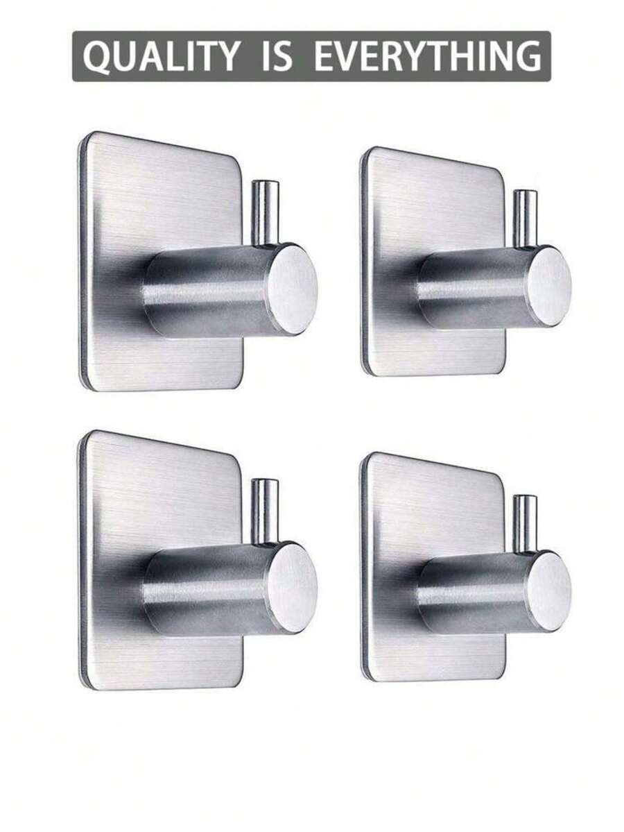 4pcs Adhesive Hooks, SUS 304 Stainless Steel Square Adhesive Hooks, Heavy Duty Waterproof Stainless Steel Self Adhesive Hooks, Shower Wall Hooks, Bathroom Kitchen Towel Adhesive Hooks. Adhesive Hooks Heavy Duty Wall Hooks Waterproof Stainless Steel Hooks For Hanging Coat, Hat,Towel Robe Hook Rack Wall Mount- Bathroom And Bedroom 1/2/4-Packs Bathroom Accessories Bathroom Tools - Silver - View 1