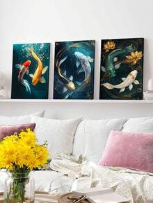 3pcs Golden Lotus Poster, Blue Water Canvas Print Wall Arts, Dynamic Flow Poster, Atmosphere Modern Artwork, Aquatic Life Canvas Modern Artwork, Abstract Fish Wall Decor, Art Prints, Wall Arts, Posters, Ideal Gift, Optional Framed - 3Pcs/Set - View 6