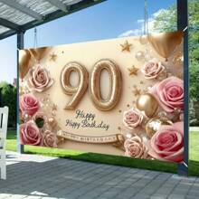 1 faixa para festa de 90 anos - fundo elegante de poliéster dourado e rosa com rosa, estrela e design de "Feliz Aniversário", adequado para decoração de casa e parede, decoração de festa de aniversário, volta às aulas, material escolar
