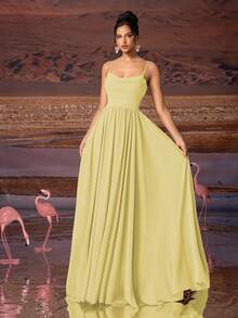 AOSHABABI Cream Yellow Solid Color Draped Chiffon Elegant Evening Dress, Suitable For All Formal Occasions, Large Formal Events, Wedding Guest, Music Festival, Holiday Party, Graduation Dance, Cocktail Party, Date, Vacation And Bridesmaid Dress, Gown - Mustard Yellow - View 5