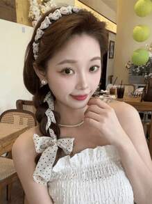 2/1 Pc Polka Dot Ribbon Headband With Long Trailing Bows, Suitable For Daily Wear By Women, Hair Accessory To Create Hairstyles, Sweet & Charming Hair Hoop, High Crown Headband