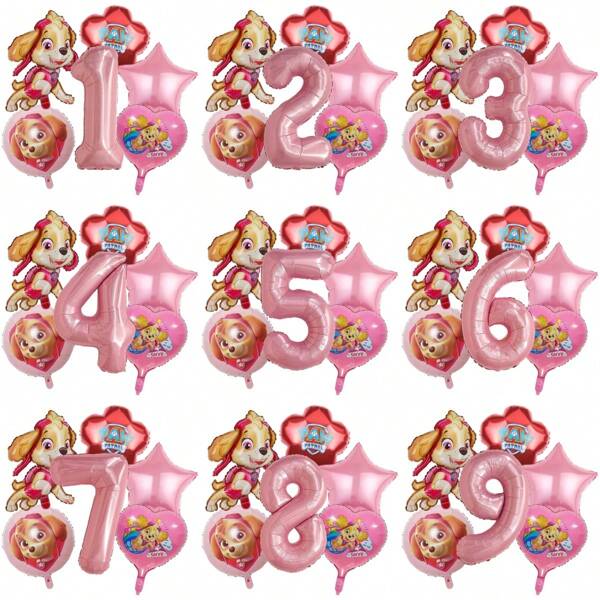 Paw Patrol Authorized 6PCS Paw Patrol Cute Cartoon Pink Puppy Pilot Theme Birthday Party Balloon Set, Decorative Balloon, Pink Running Puppy Every Day Alien Aluminum Film Balloon, 18 Inch Pink Puppy Pattern Circular Heart And Pentagram Aluminum Film Balloon, Suitable For Birthday Growth Ceremony Party Wall Decoration Background