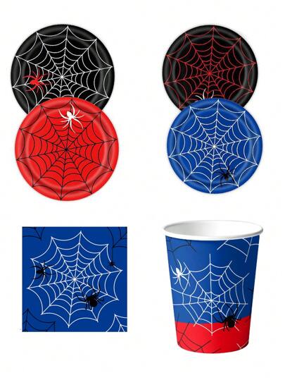10pcs Spider Web Party Spider Serving Tray Includes Serving Tray (5pcs Each Of 2 Colours In 10pcs) Cups, Tissues Spider Web Theme Cartoon Serving Tray Weddings Parties, Get-Togethers