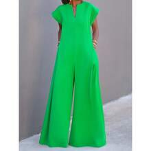Entrega local - Mono informal de una sola pieza con cintura, pantalón largo y bolsillo, mono ancho de pierna blanco para mujer de verano 2025 de alta calidad - Verde - Ver 3