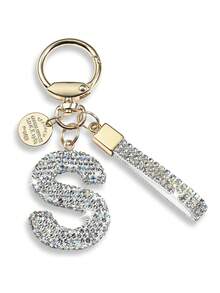 白色首字母钥匙扣礼物，适合女士女孩闪亮可爱背包汽车钥匙配件挂绳汽车配件包饰背包学校哥特式 Y2k 包挂绳带身份证夹汽车配件包饰