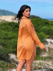 Plain Chemise Shirt Beach Cover-Up - Camel - Ver 2