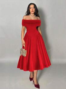 Women's Elegant Party/Date/Wedding Formal Banquet Ruffle Off-Shoulder Maxi Dress, Solid Color, Summer