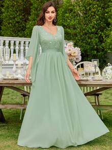 MIUSOL Đầm maxi dự tiệc trang trọng cổ chữ V sâu, đính sequin, phối ren hoa, chất liệu chiffon, thanh lịch dành cho nữ, thích hợp cho mùa xuân. - Màu xanh Bạc hà - Xem 11