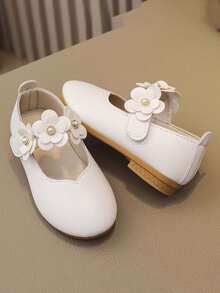 1 Pair Girls Cute Princess Loafers, Breathable Soft Non-Slip Versatile Children Shoes With Pearl Decor, Infant/Toddler Walking Shoes, Floral Decor With Hook And Loop, Easy On & Off, Suitable For Spring, Summer, Autumn - White - View 1