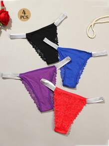 4pcs Women Sexy Low Waist Lace Briefs Panties, Solid Color Silver Stripe Thong