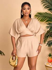 BIUBIU Conjunto de dos piezas de top corto con mangas de murciélago y cuello en V, y shorts en unicolor, elegante para el verano, talla grande para mujer - Caqui - Ver 5