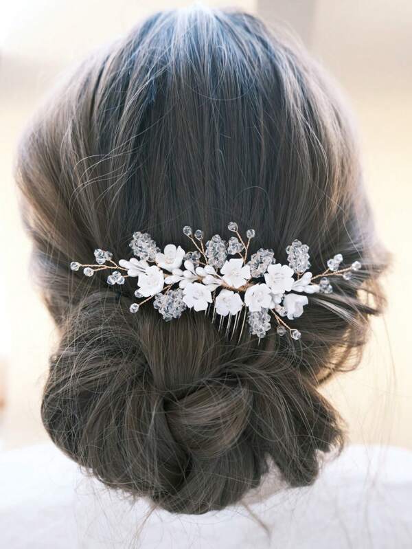 1pc Ceramic Faux Pearl Upside Down Hair Comb, Handmade Style Bride Headpiece, Ancient Chinese Hanfu Hair Accessories