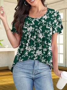 Plus Size Women Floral Print Crew Neck Short Sleeve Pleated Casual T-Shirt