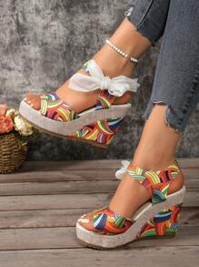 European Women's Wedge Platform Sandals With Ribbon Wrap, New 2024 Spring/Summer Outdoor Versatile Strap Buckle Lace-Up Sandals, Model/Stage Sexy Floral Color-Blocking Beach Casual Open Toe Comfortable Slides
