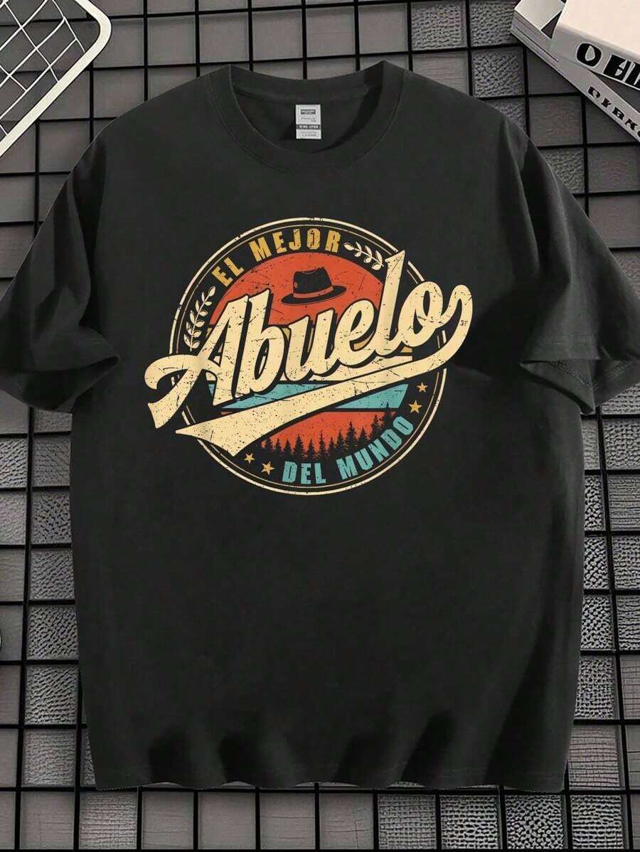 EWHEl Mejor Abuelo Del Mundo Men's Vintage Retro Embellished GrandpaLoose Pure Cotton Letter Printed Summer T-Shirt - Black - View 1