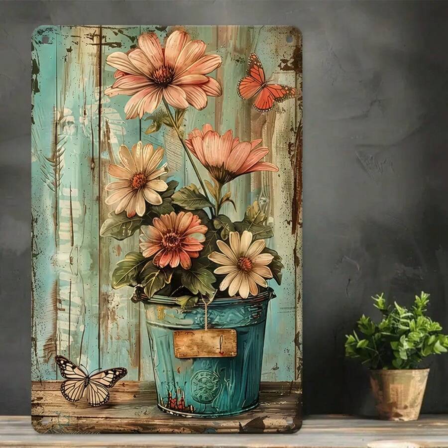1PC Rustic Tin Sign, Floral Illustration, Motivational Quote, Perfect For Living Room, Bedroom, Or Office, -Friendly, Durable Metal, Inspirational Wall Art, Vintage Style, High-Quality Material, Rustic Home Dr, 8x12 Inches / 20x30 Cm - 彩色 - 查看 1