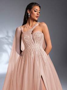 IBTRLY Đầm dạ hội nữ sang trọng, thanh lịch với dây đeo bất đối xứng, đính cườm và sequin, dáng xòe, phù hợp cho nhiều dịp: Tiệc trang trọng, tiệc tùng, tiệc cocktail, dự đám cưới, tiệc sinh nhật. - Hồng - Xem 2