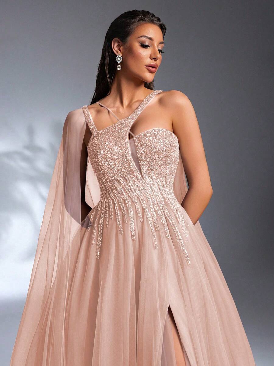 IBTRLY Đầm dạ hội nữ sang trọng, thanh lịch với dây đeo bất đối xứng, đính cườm và sequin, dáng xòe, phù hợp cho nhiều dịp: Tiệc trang trọng, tiệc tùng, tiệc cocktail, dự đám cưới, tiệc sinh nhật.