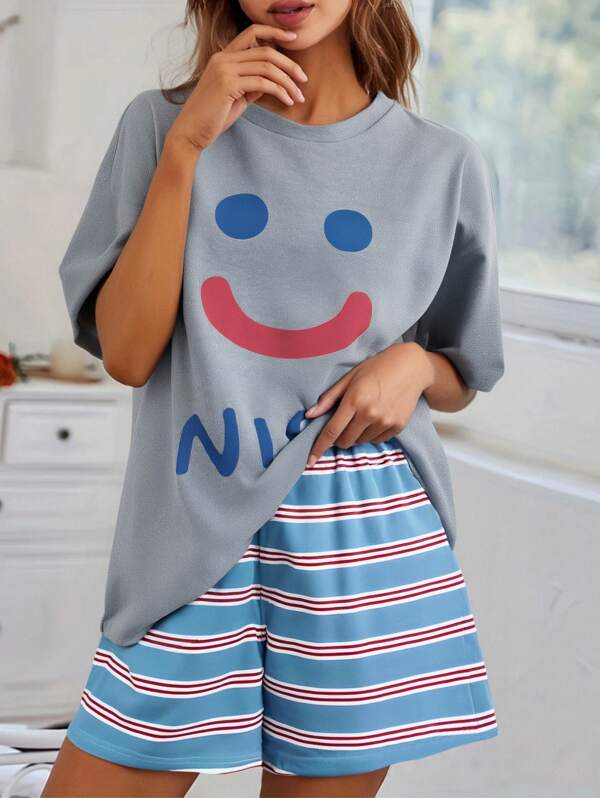 2 piezas Pijama de mujer con diseño de rayas suelto, camisa de manga corta y cuello redondo en gris y pantalones cortos a juego con diseño de rayas de contraste, cómodo y transpirable, adecuado para primavera/verano, ocio en casa, vacaciones