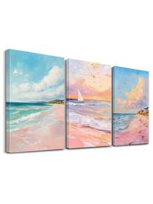 Set Of 3 Landscape Poster, Beach Sunset Canvas Print Wall Arts, Pastel Colors Poster, Coastal Art Prints, Dreamy Seascapes Wall Arts, View Modern Artwork, Home Decor, Wall Arts, Posters, Ideal Gift, Optional Framed