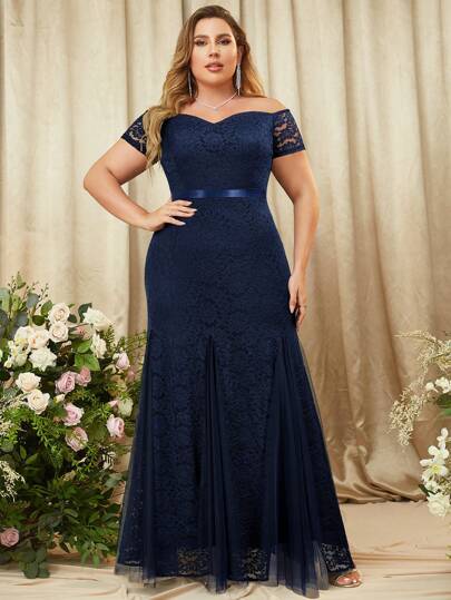 MIUSOL Vestido de noche de corte sirena con hombros descubiertos, encaje floral y contraste de malla en el bajo, talla grande