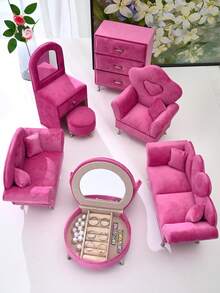 1 Pc Adorable Mini Plush Sofa Shaped Storage Box, Heart Design Gift Box For Women, Suitable For Jewelry, Cosmetics, Electronics Accessories And Jewelry Display - Hot Pink - View 3