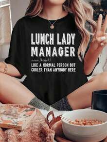 Lunch Ladies Manager Gift T-Shirt Women's Round Neck Short Sleeve T-Shirt Fashion Graphic Tees Women Top - màu đen - Xem 1