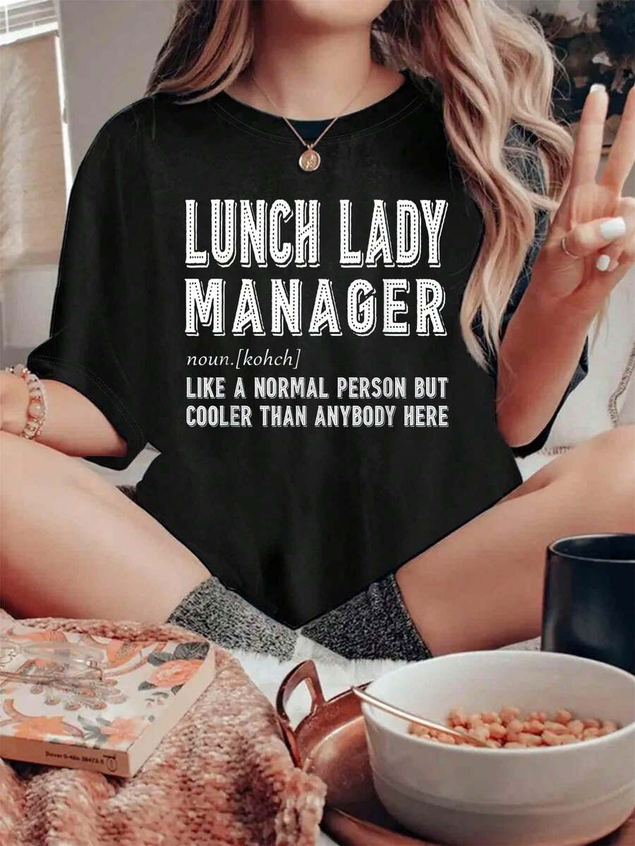 Lunch Ladies Manager Gift T-Shirt Women's Round Neck Short Sleeve T-Shirt Fashion Graphic Tees Women Top - màu đen - Xem 1