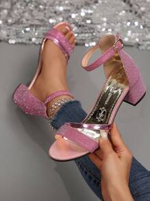 Elegant Thick Heel Women's Sandals - Open Toe, Backstrap, Glitter Design, Fashionable Summer High Heels