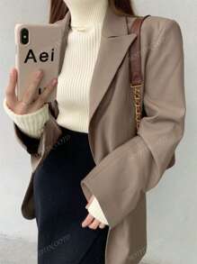 Women's Elegant High Neck Embroidery Texture Special Design Sweater, Apricot, Fitted Long Sleeve Knitted Top, Suitable For Commuting In Autumn/Winter
